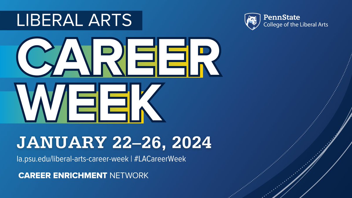 Liberal Arts Network (@psulajobs) on Twitter photo Liberal Arts Career Week is under 2️⃣ weeks away: January 22–26!
Attend #LACareerWeek events to get your questions answered and develop your professional skills! Events will be virtual and in-person.
Get started ➡️ la.psu.edu/liberal-arts-c…
#PennState #LiberalArts <a href="/PSULiberalArts/">Penn State College of the Liberal Arts</a> Liberal Arts Career Week is under 2️⃣ weeks away: January 22–26!
Attend #LACareerWeek events to get your questions answered and develop your professional skills! Events will be virtual and in-person.
Get started ➡️ la.psu.edu/liberal-arts-c…
#PennState #LiberalArts <a href="/PSULiberalArts/">Penn State College of the Liberal Arts</a>