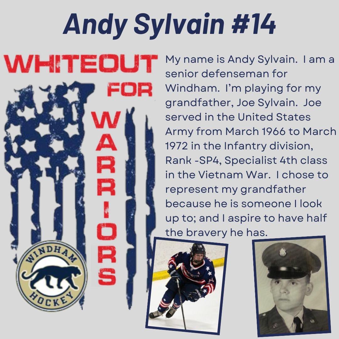 The Whiteout for Warriors game is January 20. All Londonderry and Windham players will wear a customized jersey honoring a veteran of their choice. Today we have Windham senior, captain Andy Sylvain. #highschoolhockey #military #militaryappreciation