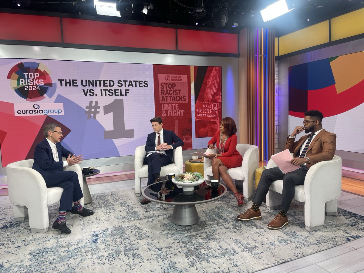 EurasiaGroup's tweet photo. Did you catch @ianbremmer on @CBSMornings with @GayleKing, @tonydokoupil and @nateburleson?

While the US looks to project leadership overseas, the greatest geopolitical risk of 2024 is back home. https://t.co/6LWVCCsq9X