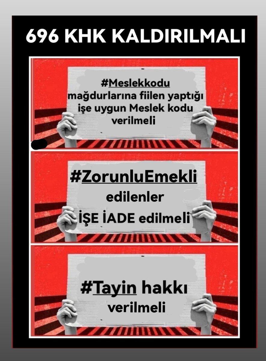 4/D İŞÇİ TALEPLERİ
#Derdimizderdinizolsun 
➡️SeyyanenZam
➡️ekprotokol
➡️ 40 saat haftalık çalışma
➡️Tayin hakkı
➡️Meslek Kodu mağduriyeti
➡️Zorunlu Emekli edilenlerin işe iade edilmesi
➡️Eğitim farkı
➡️Aidat düzenlemesi 
<a href="/isikhanvedat/">Prof. Dr. Vedat Işıkhan</a> 
<a href="/memetsimsek/">Mehmet Simsek</a> 
<a href="/turkiskonf/">TÜRK-İŞ</a>
<a href="/hakiskonf/">HAKİŞ KONFEDERASYONU</a>