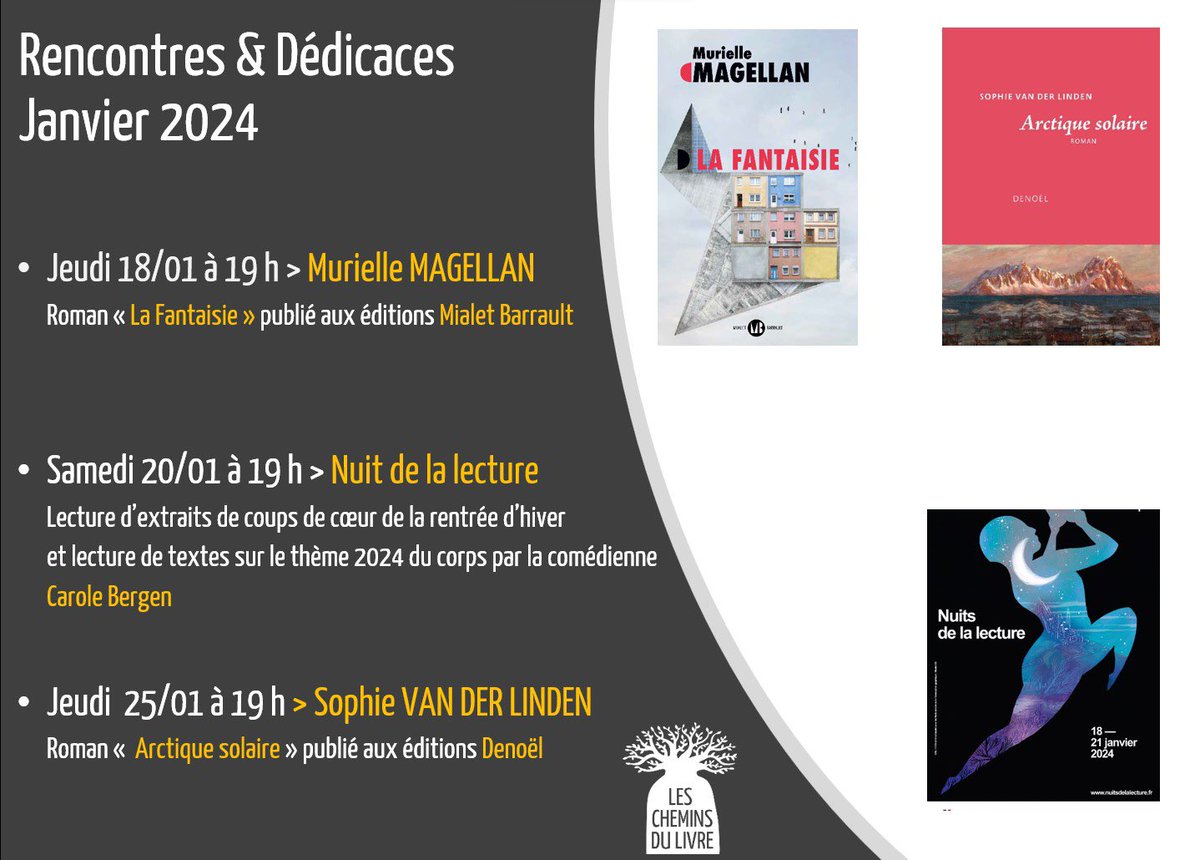 📚 La librairie Les Chemins du Livre organise trois soirées sur le mois de janvier et reçoit trois invitées : Murielle Magellan, Carole Bergen et Sophie Van der Linden

<a href="/mumagellan/">muriellemagellan</a> <a href="/Sophie_VdL/">Sophie Van der Linden</a> <a href="/MialetBarrault/">Mialet-Barrault Éditeurs</a> <a href="/EDITIONSDENOEL/">Les éditions DENOËL</a>#Nuitsdelalecture

Réservez votre soirée.