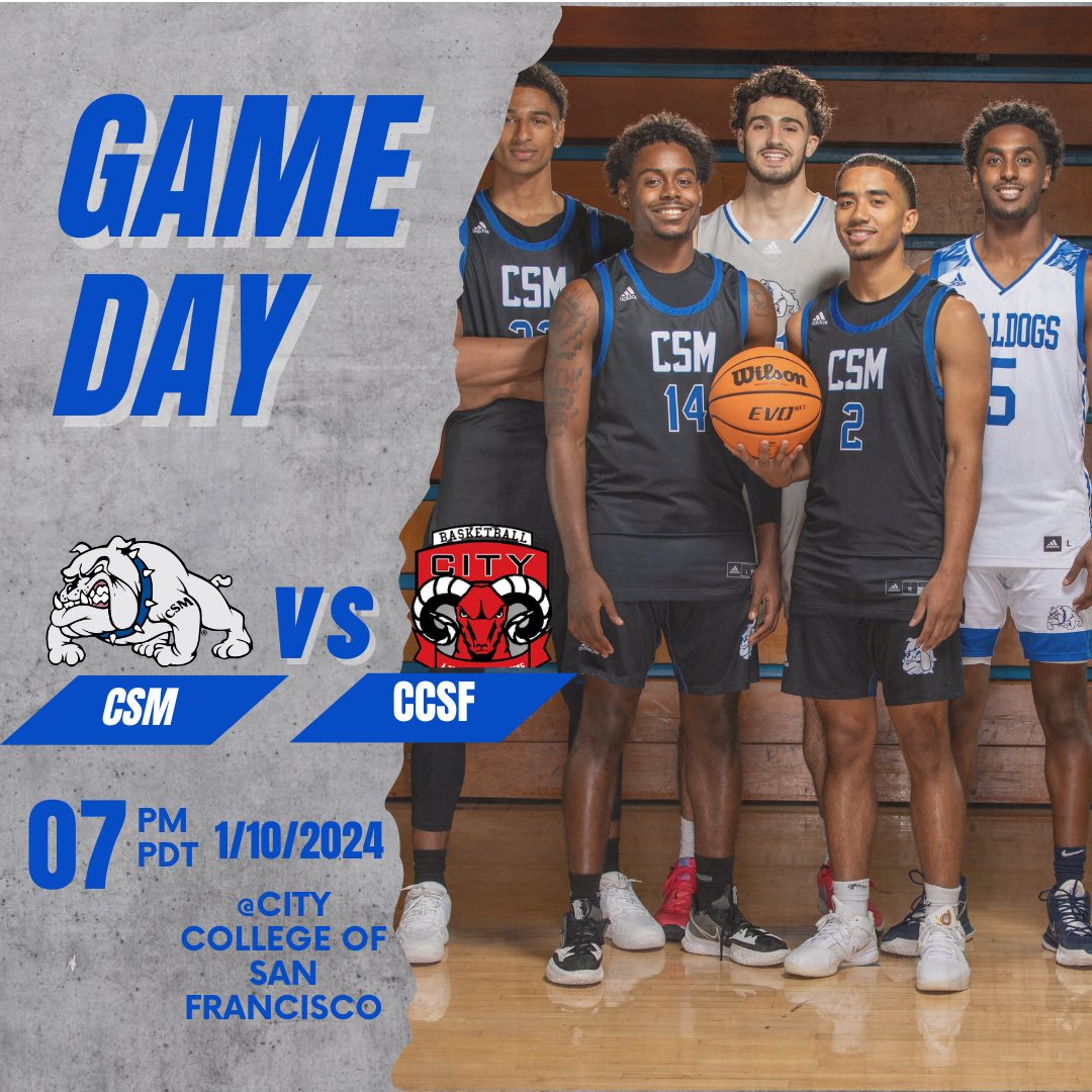 CSM_MBB's tweet photo. 🏀Game day for the College of San Mateo! The dogs open up Coast Conference play on the road versus City College of San Francisco. Tip off is 7pm. Come out and show your support! #godogs #csmbasketball https://t.co/bUGf5mUq16