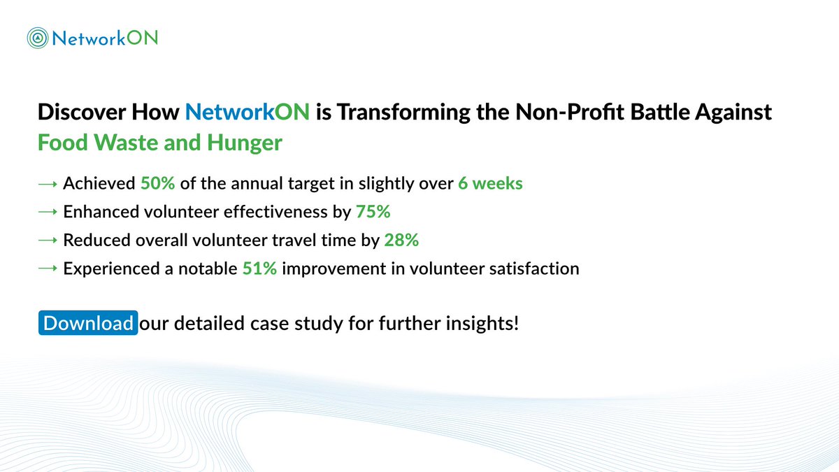 NetworkON: Revolutionizing non-profit success—50% target in 6 weeks, 75% more effective volunteers, and a 51% boost in satisfaction. Download our case study for the full story!

shorturl.at/jkpv9

#NetworkON #ImpactfulChange #SuccessStory