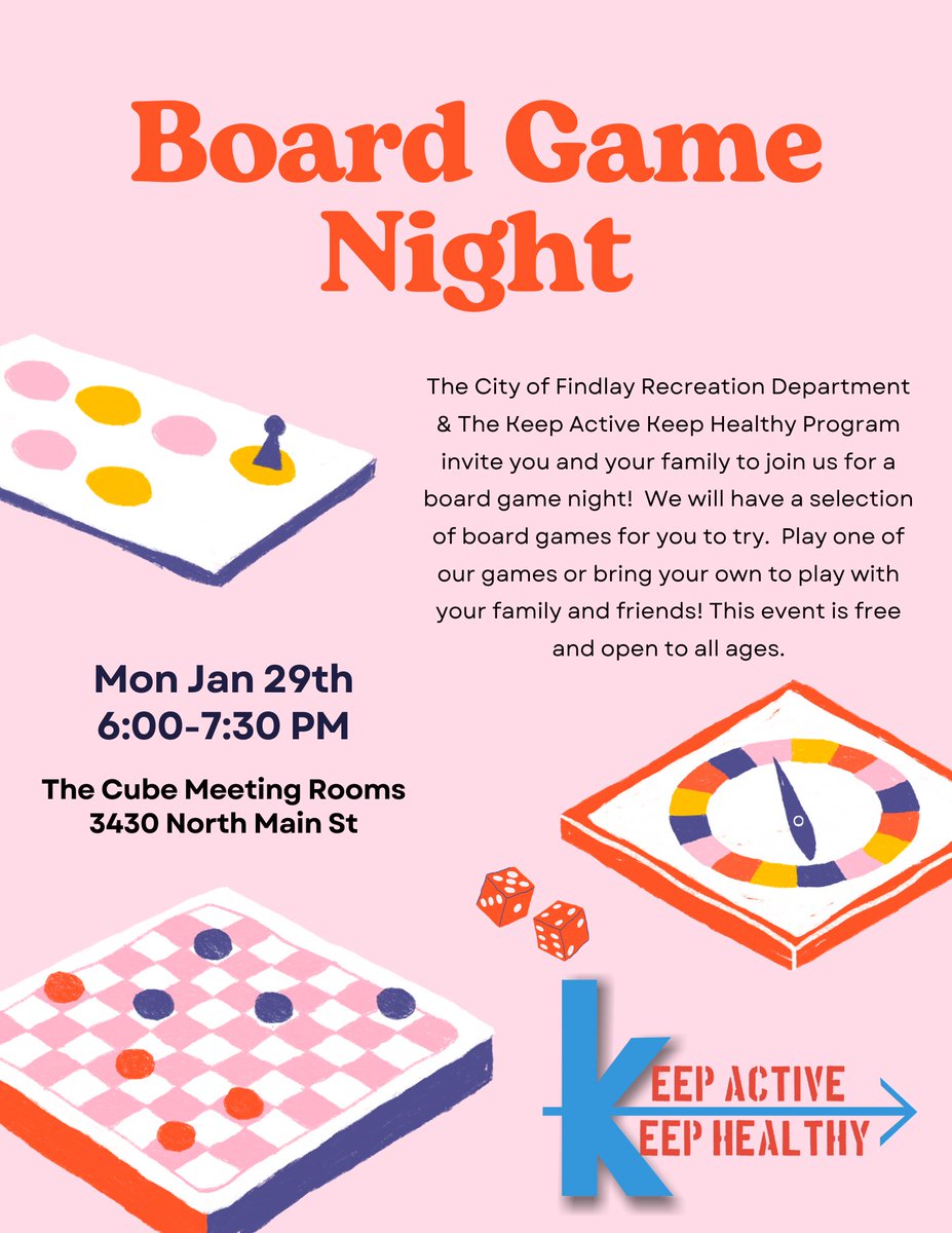 FindlayRec's tweet image. Lets have a board game night! Join us on Monday January 29th from 6:00-7:30 pm at The Cube (3430 North Main St).  We have a variety of board games for you to play.  You can also bring one of your own games to play.  This event is free and open to all ages.