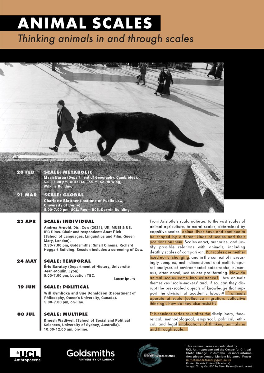 We're excited to be co-hosting this seminar series with @CriticalGChange @GoldsmithsUoL on Animal Scales, kicking off on Feb 20th. You can find info about all six events here and register: ucl.ac.uk/anthropocene/p…