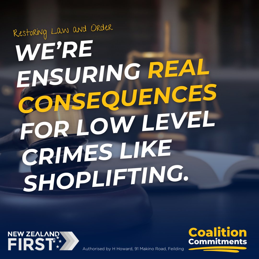 nzfirst's tweet photo. As part of our coalition agreement, we’re amending the Sentencing Act to ensure real consequences for lower-level crimes such as shoplifting. Small Kiwi businesses deserve legislation that holds offenders to account and discourages theft. https://t.co/cxuGnJT8wM