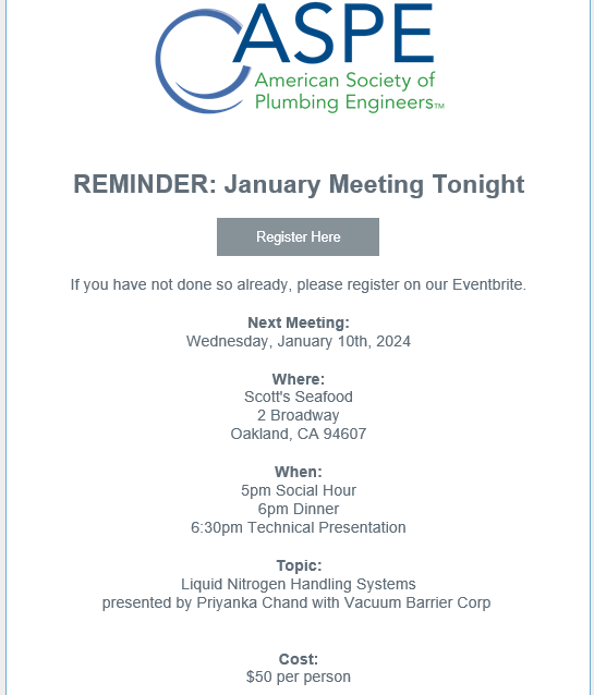 Just a reminder that tonight is our January chapter dinner. Come on out and visit with everyone! You can still register at the link below.

t.ly/HGOBW
#aspe_sf #plumbingdesign #plumbingcontractor
