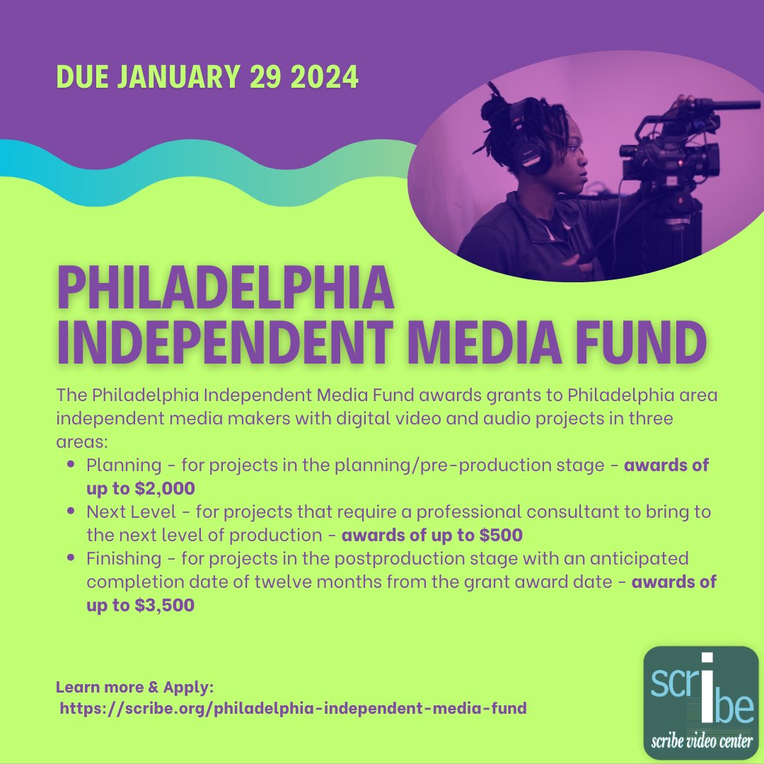 DEADLINE JANUARY 29, 2024 
The Philadelphia Independent Media Fund awards grants to Philadelphia area independent media makers with digital video and audio projects in three areas:

Apply now: scribe.org/philadelphia-i…