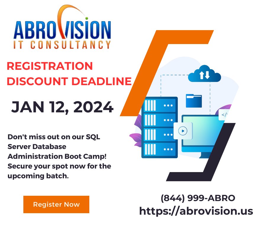 AbrovisionIT's tweet photo. π¨ DISCOUNT DEADLINE: JAN 12, 2024 π¨ Hurry! The discounts for our SQL Server Database Administration Boot Camp end on JAN 12. Don't miss this chance!
π»https://t.co/Zp2fkJkkL6
#abrovision #abrodba #houstonsqldba https://t.co/QVuhj4DoMm