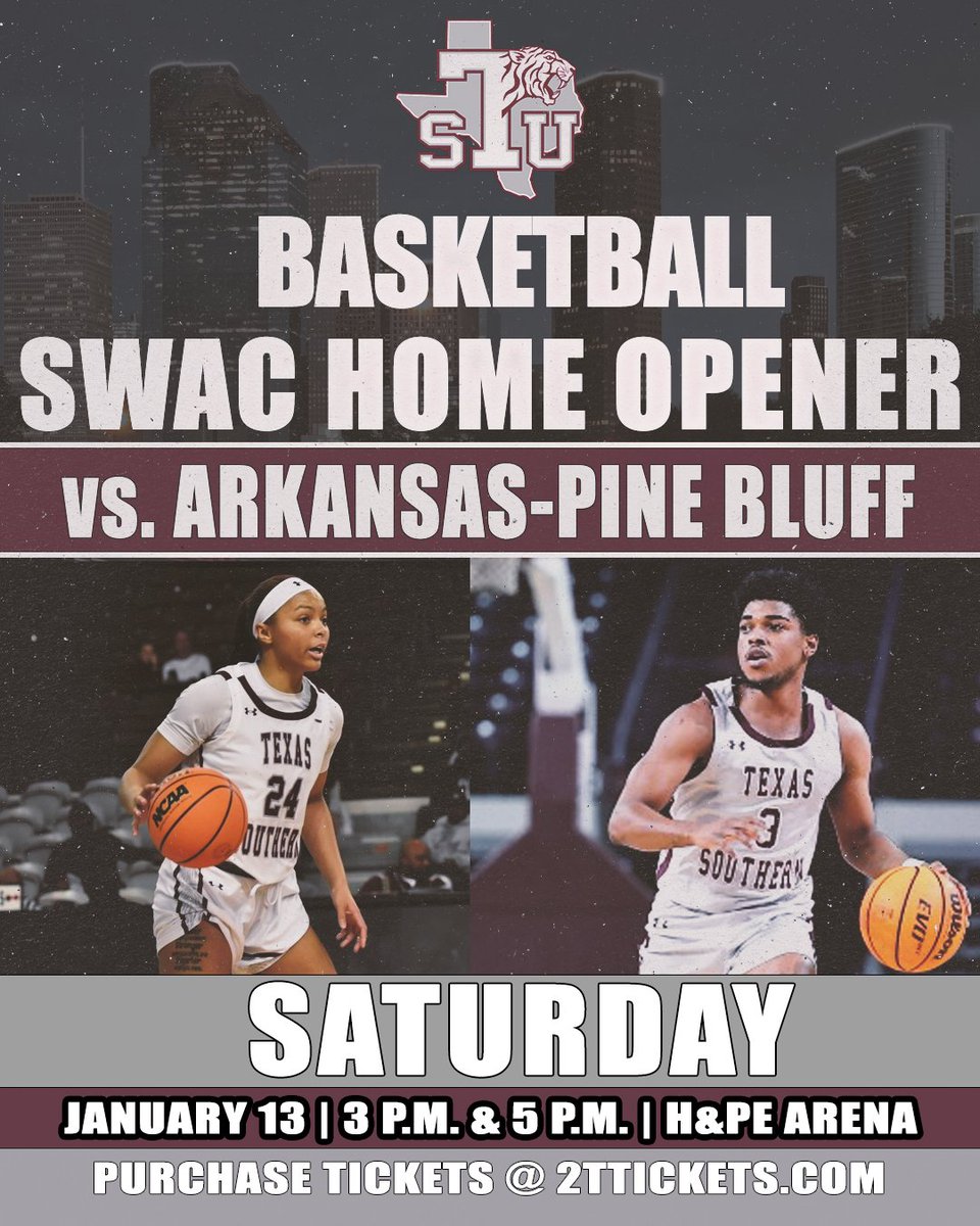 Saturday afternoon! @TSUMensHoops & @TSUWomensHoops host UAPB at 3 p.m. / 5 p.m.! DVR whatever you're going to watch on TV and come on down and support your @TexasSouthern student-athletes! 2ttickets.com for 🎟️