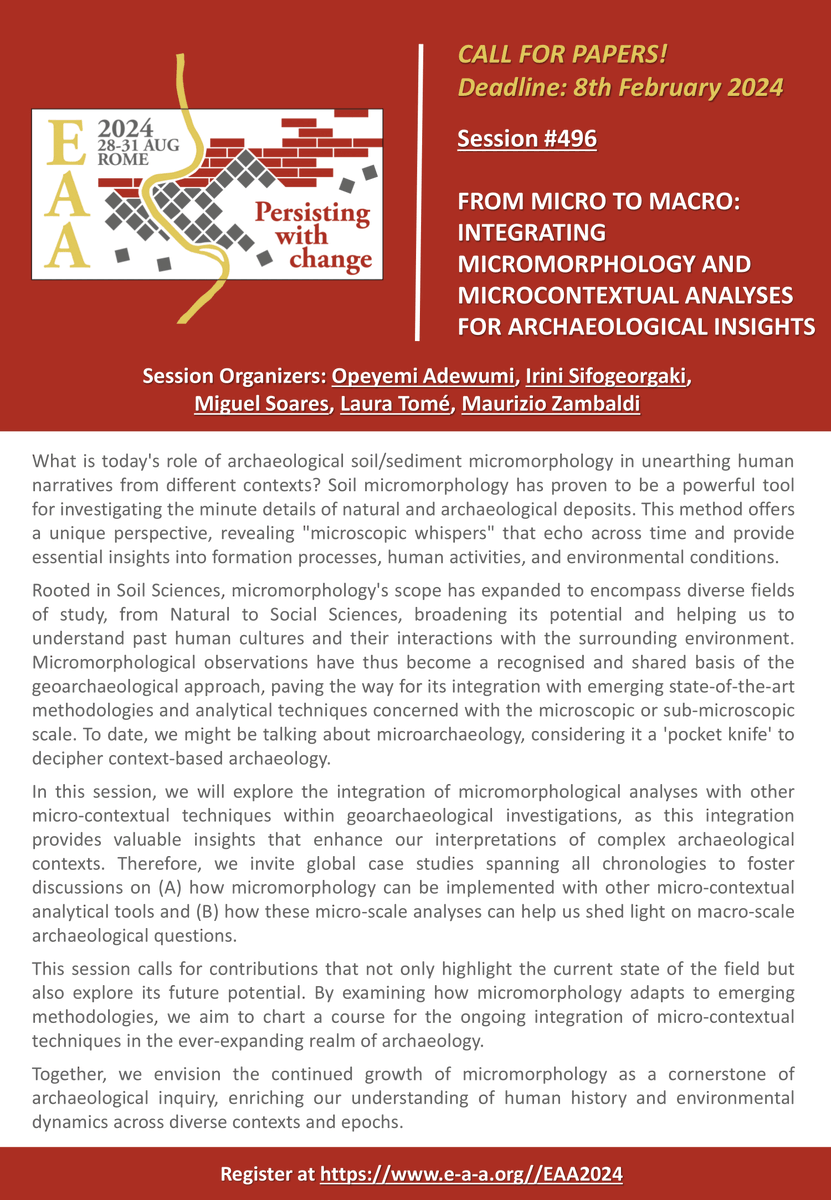 Rt_Hon_Adewumi's tweet photo. Call for Abstracts!!!📣🔊Are you working or interested in soil micromorphology and other microcontextual analyses across chronologies? #SESSION496 is now on board and ready to receive your submissions for the next @archaeologyEAA 2024. What are you still waiting for?⏰⏲️#eaa2024 https://t.co/O64uD37Kvr