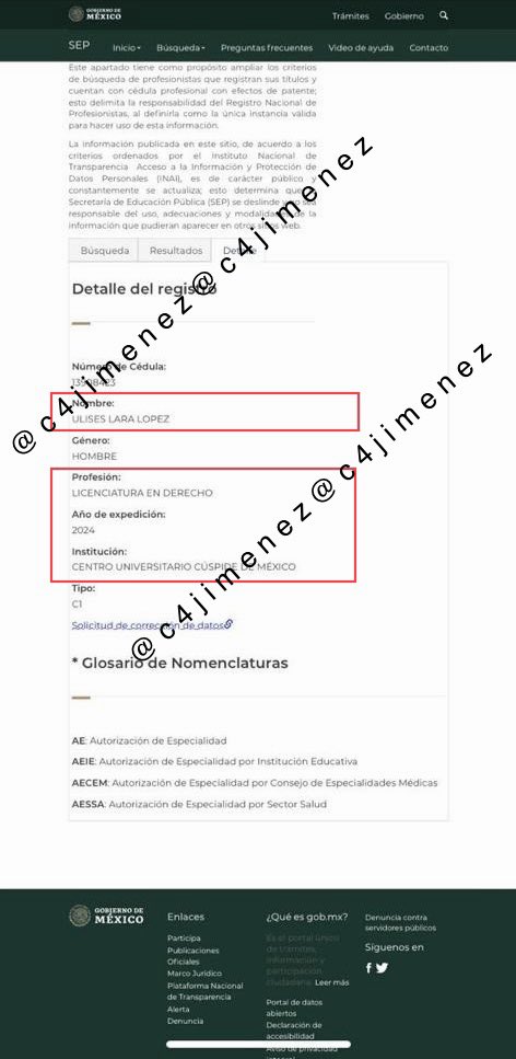 c4jimenez's tweet photo. Q ULISES LARA YA ES LIC. en DERECHO
Este miércoles en el Registro Nacional de Profesiones ya aparece q tiene la licenciatura, q no tenía.
Se detalla q la expidieron en 2024.
Y q estudió en el Centro Universitario Cúspide de México.
Es el encargado de la @FiscaliaCDMX https://t.co/qL7mrlKE2t