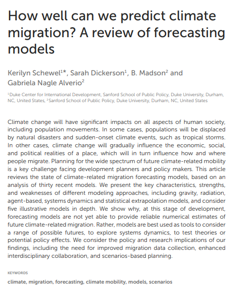 KerilynSchewel's tweet photo. How well can we predict climate migration? 

Check out our review article in Frontiers in Climate. Nothing new here for climate migration modelers, but a helpful intro (I hope) for those unfamiliar with forecasting - like your students! 

https://t.co/OgOeEJajnP https://t.co/619dDha4qh