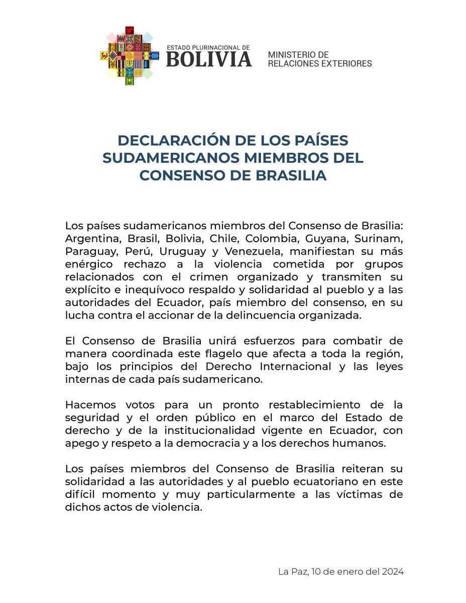 #Importante 
📍 Los países sudamericanos miembros del #ConsensoDeBrasilia emiten un comunicado en el que rechazan los actos de #violencia registrados en #Ecuador.
Vía: @MRE_Bolivia