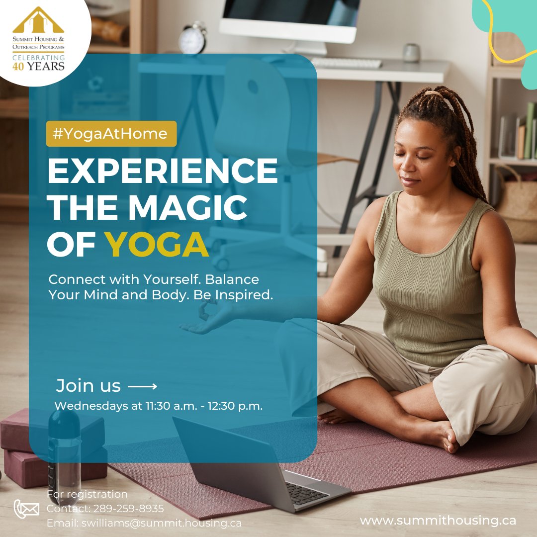 Recharge your mind, body, and spirit without leaving your living room! 🧘‍♀️ Join us for Yoga at Home with Lisa, this Wednesday from 11:30 am to 12:30 pm. Let's stretch, breathe, and find some inner peace together. 
📧 Please contact swilliams@summit-housing.ca to join.
 #YogaAtHome