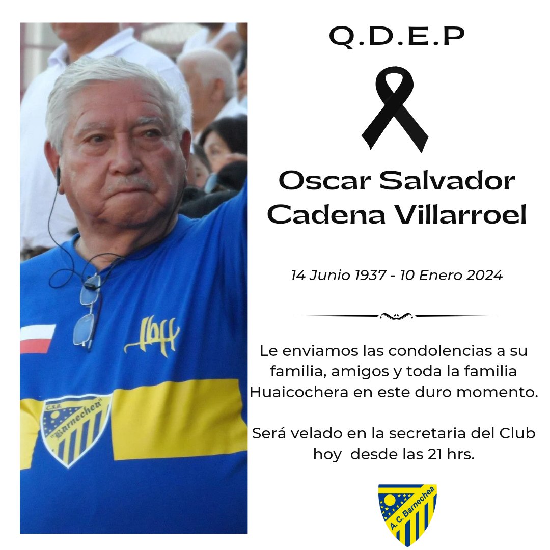 🔵🟡 Lamentamos informar el sensible falleciemiento de nuestro hincha, socio y dirigente del club social Lo Barnechea, Oscar Salvador Cadena Villarroel, será velado desde las 21 horas en la secretaria del club.

Le enviamos nuestras sinceras condolencias a su familia y amigos