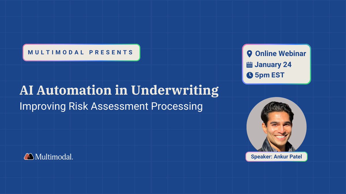 MultimodalAI's tweet image. 1/2 Our upcoming webinar will unveil how AI is transforming risk assessment—making it faster, more precise, and incredibly efficient. #AIforBusiness #AutomatedBusiness
