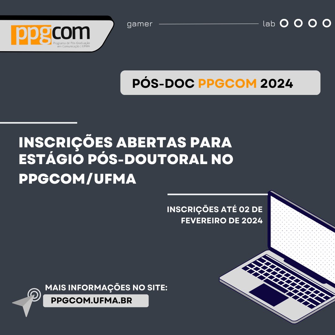 gamerlabufma's tweet photo. Está aberto o processo seletivo para Pesquisadores/as Pós-Doutorais no PPGCOM/UFMA! Se você busca uma oportunidade de aprimoramento acadêmico, confira o edital no site do programa. Inscrições até 02/02. 📚🔍 #PósDoutorado #Comunicação #UFMA https://t.co/0eHhBez5mj