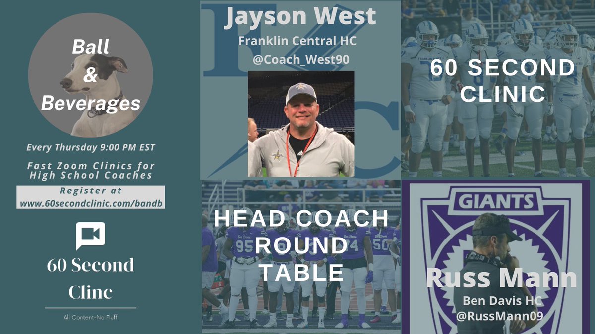 We resume our popular Head Coach Roundtable this Thur with <a href="/Coach_West90/">Jayson West</a> from <a href="/FCFlashesFB/">FC Flashes Football</a> and <a href="/RussMann09/">Russ Mann</a> from <a href="/BenDavisFB/">Ben Davis Football</a> 

Register for this FREE online clinic at 60secondclinic.com/bandb