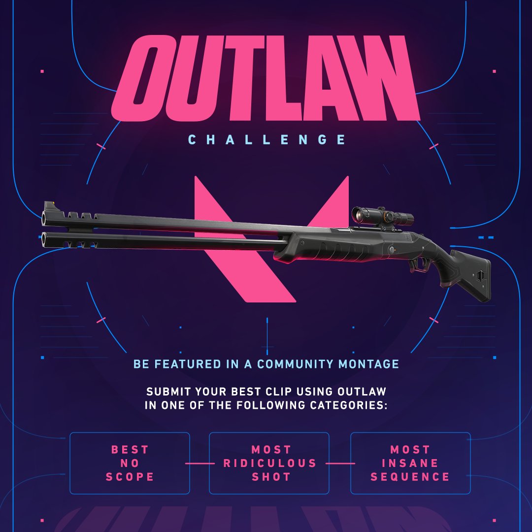 valesportsna's tweet photo. A new gun has arrived to VALORANT, and it's called Outlaw.

To celebrate, we're making a community montage all across Americas featuring YOU!

Reply below with #OutlawChallenge and your best Outlaw clips for a chance to be featured in the video 👇

Submissions close Jan. 18th https://t.co/ToWToTI59v