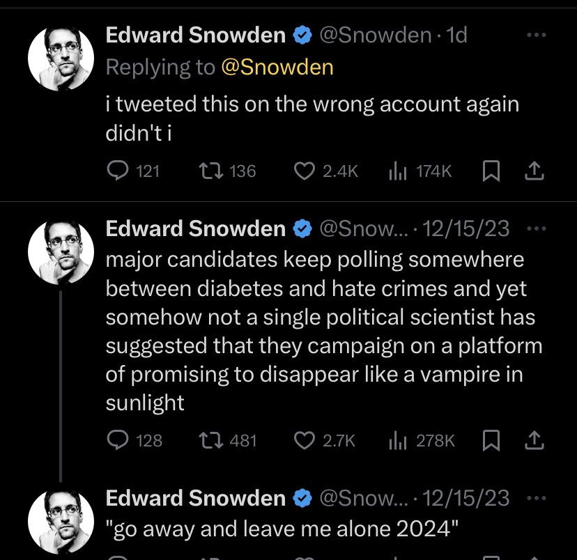 Okay, probably nothing here but Trump posted “MAGA” this morning at 9:20 am 
Drop 920 mentions “Another coincidence Snowden tweets”…
Looking at Snowden’s account he just posted for the first time in 25 days yesterday, 1/09/24.
Seemingly by mistake?🤨🧐🤔
Anyone catch those