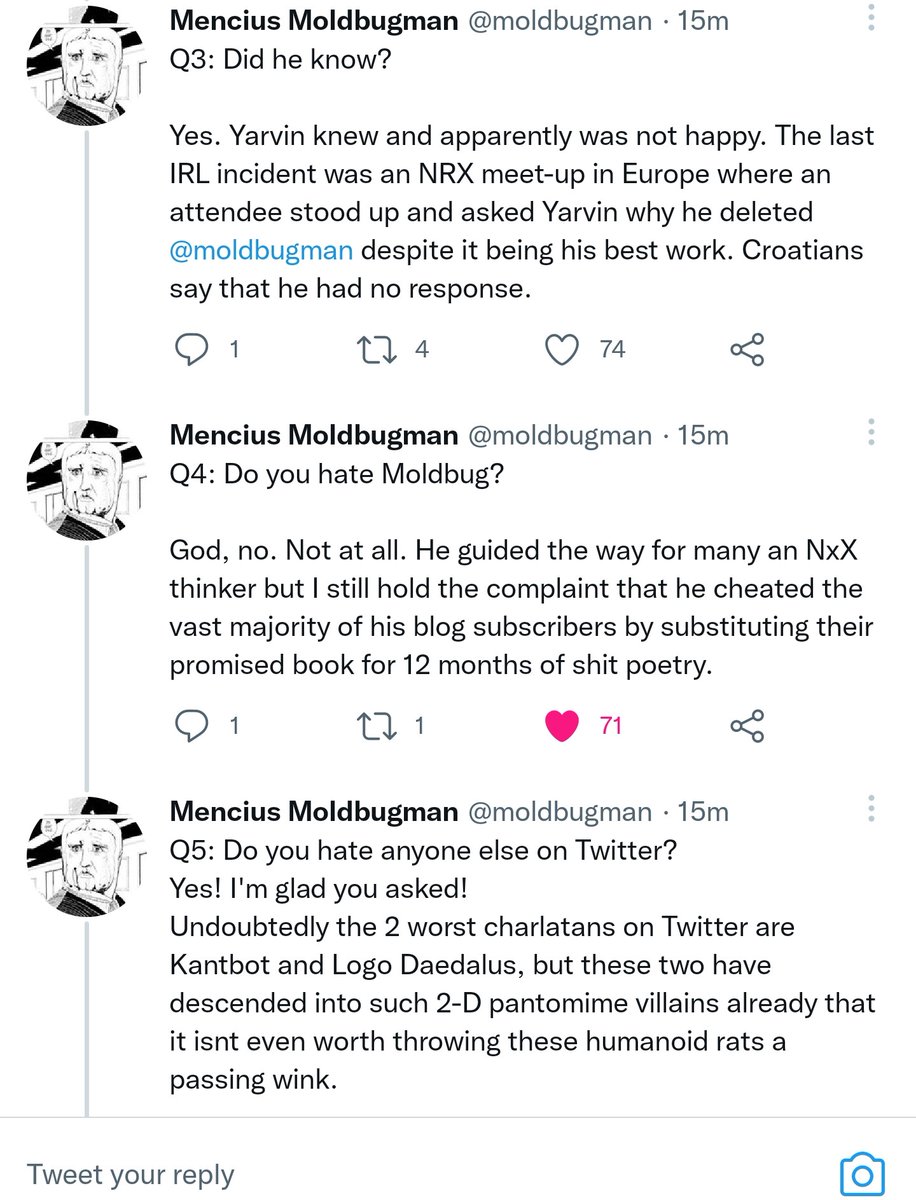 whichwaslost's tweet image. Gather round to hear the tale of one of the best to ever do it. Mencius Moldbugman. Many of you will remember him from seminal threads on Bookshelf Colour Coordination and the genius of Brazil. 

Here is the thread that lead up to his self imposed banning.