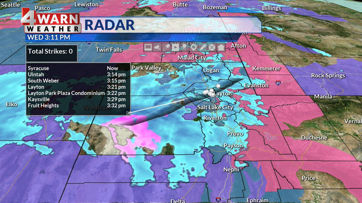 NOW:
Snow squall moving SE at about 35 mph--here's an estimate on when it will move through cities in parts of Weber &amp; Davis counties..
#utwx <a href="/abc4utah/">ABC4 News</a>