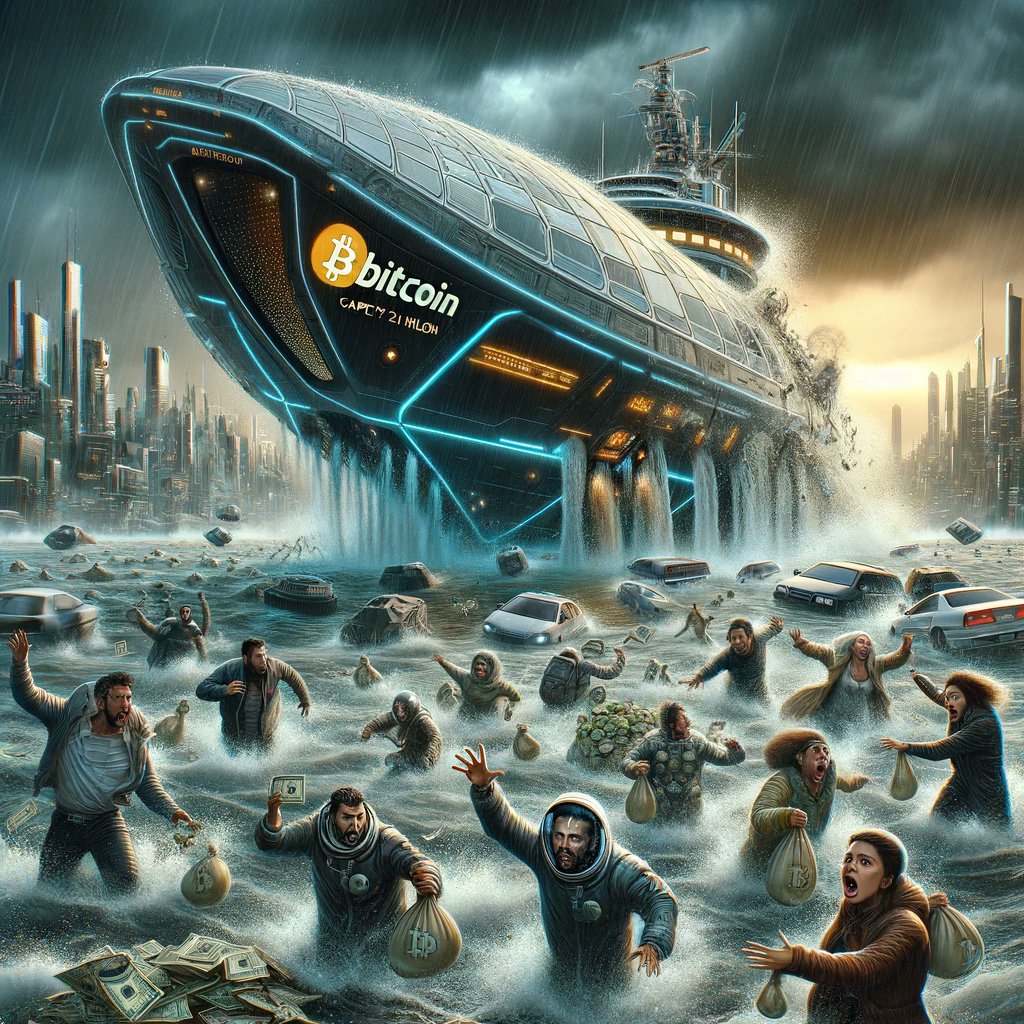 RealCryptotwins's tweet photo. With #BTCETF's nod, a financial revolution unfolds: As the dam breaks a tidal wave of capital departs from collapsing legacy markets, charting a new course to Bitcoin's robust haven. Room for only 21 Million pioneers. #BTC https://t.co/B36NFPEuFb