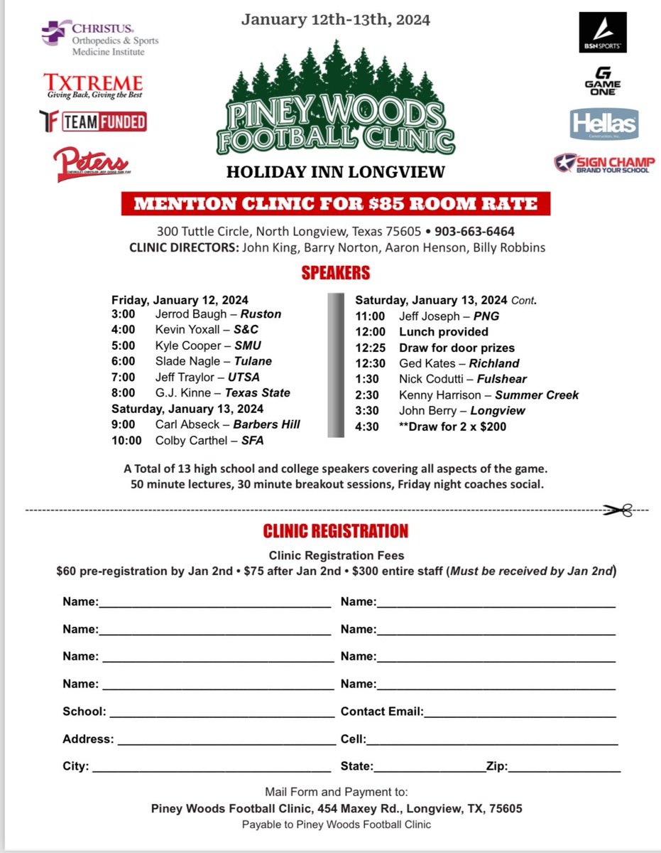 Here’s some of the  #collegefootball speakers that will be <a href="/ClinicPiney/">Piney Woods Football Clinic</a> this weekend! Come learn from some of the best in the game! <a href="/CoachTraylor/">Jeff Traylor</a> <a href="/CoachCarthel/">Colby Carthel</a> <a href="/GJKinne/">GJ Kinne</a>