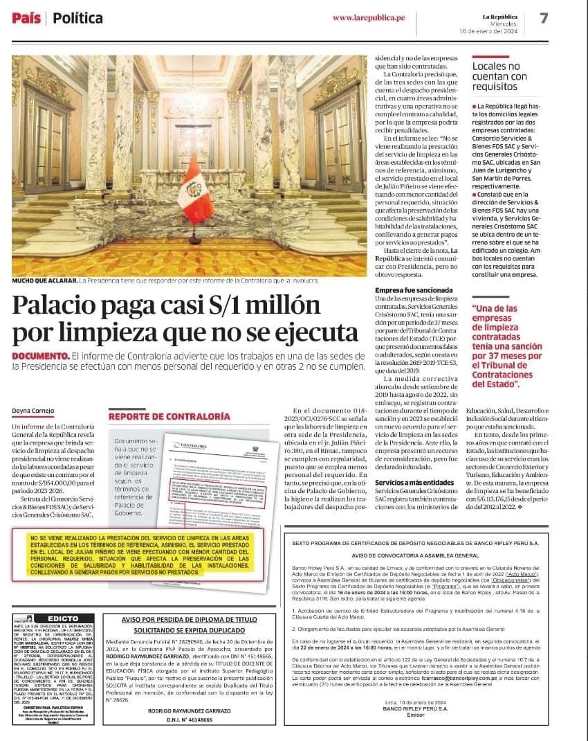 deycorza21's tweet photo. Gobierno paga más de S/900 mil para la limpieza de 3 sedes del despacho presidencial, pero adivinen qué, el servicio lo brinda personal del mismo despacho y NO el de la empresa contratada, la que se beneficia del presupuesto público. Vía @larepublica_pe https://t.co/JlMsU20k2j
