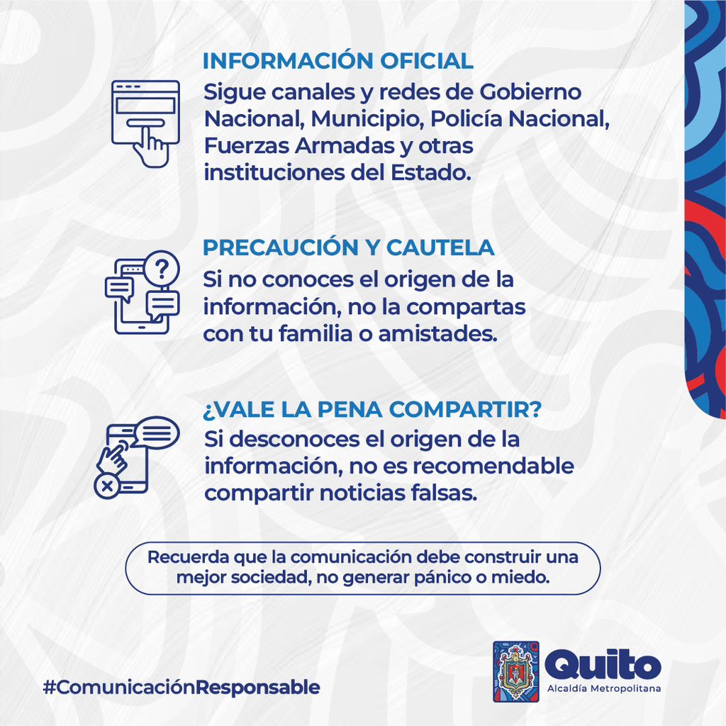 MunicipioQuito's tweet photo. 🧐📰 #ComunicaciónResponsable | Maneja la información de manera responsable, con tu ayuda romperemos el círculo de noticias falsas.

Sigue estás recomendaciones y mantente informado por canales oficiales. 👨‍💻🤝

#QuitoRenace https://t.co/OaWqlYvzYK