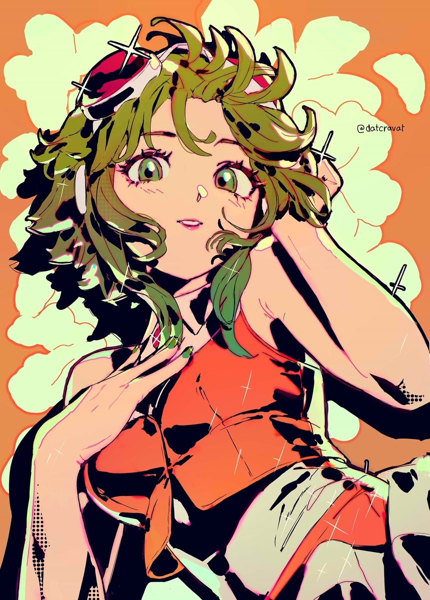 gumi 1girl solo green hair hand on own chest green eyes goggles on head goggles  illustration images