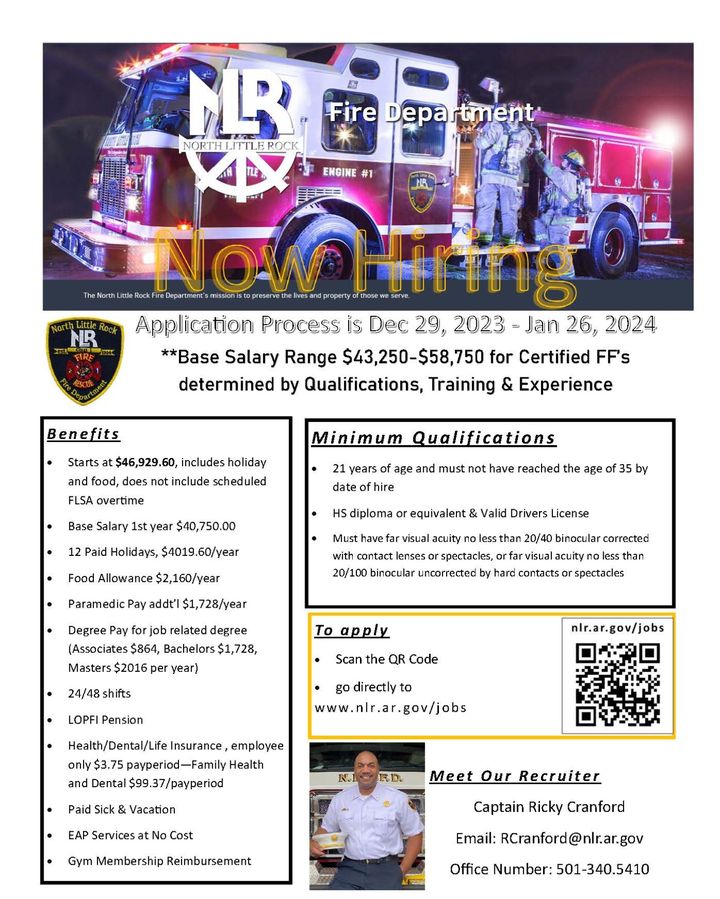 NLRFire's tweet image. We are looking for people with  great character that are up for an exciting and challenging career. This  career requires brutally hard work at times, and it requires that you constantly prepare for that moment when you can make a difference. 

 apply at nlr.ar.gov