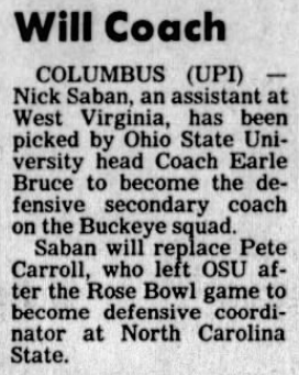 In 1980, Nick Saban replaced Pete Carroll as Ohio State’s secondary coach.