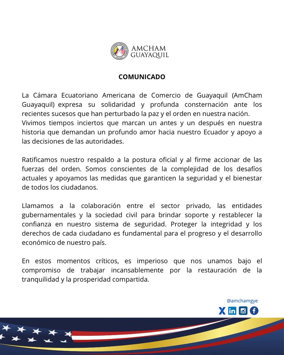 AMCHAM Guayaquil (@amchamgye) on Twitter photo En AMCHAM Guayaquil, nuestro corazón y compromiso están con la paz y el bienestar de Ecuador. Ante los desafíos actuales, reiteramos nuestro apoyo firme a la estabilidad y progreso de nuestra nación. 🇪🇨
<a href="/ChairAmchamGYE/">Nery Merejildo - Chair AmCham</a> <a href="/edithvillavic/">Edith Villavicencio</a> <a href="/AlexiaAlcivar/">Alexia Alcivar</a> En AMCHAM Guayaquil, nuestro corazón y compromiso están con la paz y el bienestar de Ecuador. Ante los desafíos actuales, reiteramos nuestro apoyo firme a la estabilidad y progreso de nuestra nación. 🇪🇨
<a href="/ChairAmchamGYE/">Nery Merejildo - Chair AmCham</a> <a href="/edithvillavic/">Edith Villavicencio</a> <a href="/AlexiaAlcivar/">Alexia Alcivar</a>