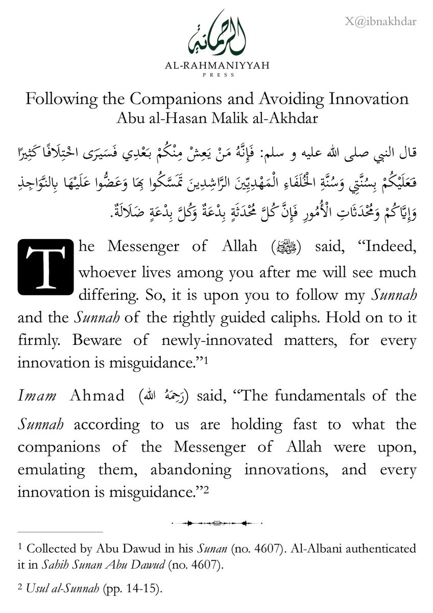 IbnAkhdar's tweet photo. Following the Companions and Avoiding Innovation https://t.co/pQLIMbyBXo