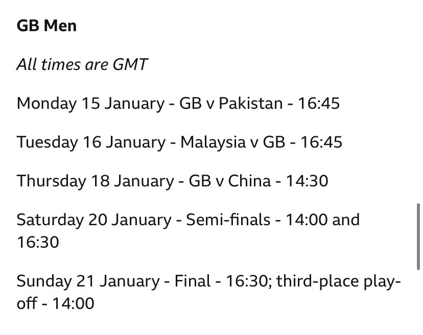 <a href="/paddyteacher/">Chris Ryder</a> delighted to say I’ll be in Oman to call the <a href="/GBHockey/">Great Britain Hockey</a> games on <a href="/BBCSport/">BBC Sport</a>. <a href="/mercianhockey/">Mercian Hockey</a> will be alongside. Here are the times of the games.