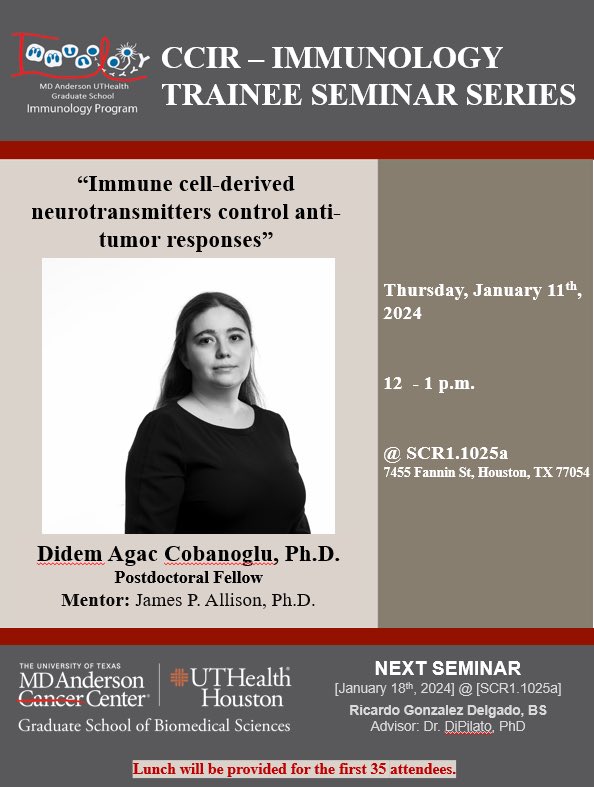 GSBS Immunology Program (@immunologygsbs) on Twitter photo CCIR-Immunology Trainee Seminar Series- IS BACK!
TOMORROW- Thu, 01/11 at 12 pm
Dr. Didem Agac Cobanoglu <a href="/didemagac/">Didem Ağaç Çobanoğlu, Ph.D.</a>, postdoctoral fellow in Dr. Jim Allison’s @JimAllisonPhD lab will be presenting her research!
Lunch will be provided. CCIR-Immunology Trainee Seminar Series- IS BACK!
TOMORROW- Thu, 01/11 at 12 pm
Dr. Didem Agac Cobanoglu <a href="/didemagac/">Didem Ağaç Çobanoğlu, Ph.D.</a>, postdoctoral fellow in Dr. Jim Allison’s @JimAllisonPhD lab will be presenting her research!
Lunch will be provided.