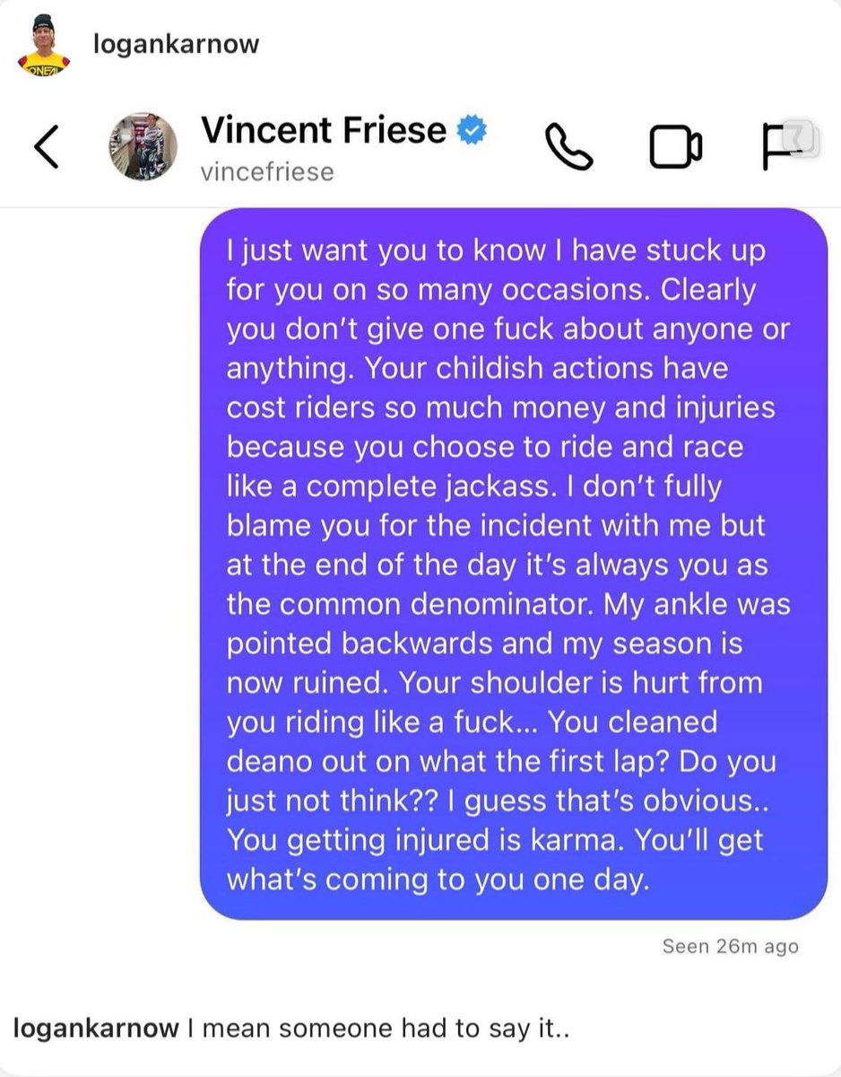VitalMX's tweet image. Logan Karnow shares his message to Vince Friese… 👀