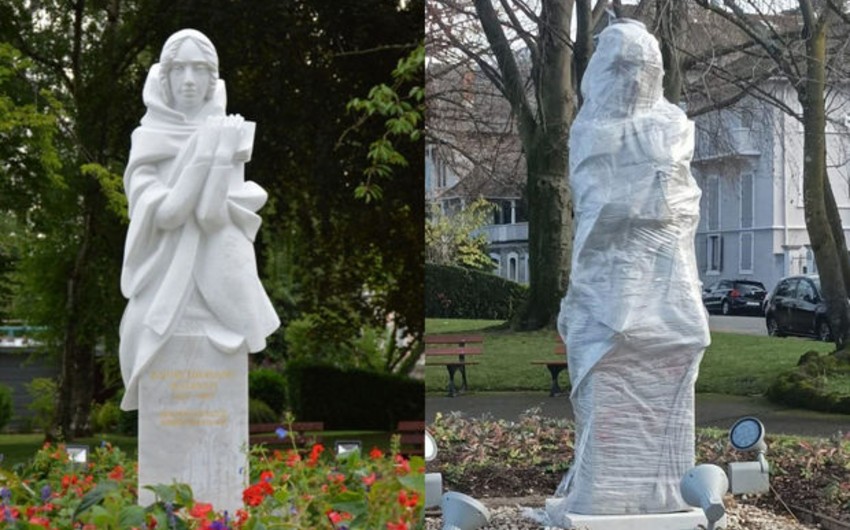 shafiyev_farid's tweet photo. Echo of vandalism in the South Caucasus reverberates in France:

On the left photo - the grave of Azerbaijani 19th century poetess Natavan in Aghdam looted and destroyed  by the Armenian occupation (1993-2020)
On the right - the statue of Natavan in the French city Evian, vandalized these days, January 2024.

For those in France who feed Armenian radicalism, it will be relevant to read Alexandre Dumas writing about Natavan, who met her during his trip to the Caucasus and learned that Natavan read his novels in French.