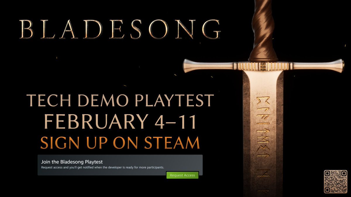 bladesonggame's tweet photo. FEBRUARY 4–11 ⚔️ A Bladesong playtest is coming. Sign-up is open now on Steam, just click “Request Access” and you're set. We'll spill more details over the next weeks. We're excited for this, and we hope you are too 🔥

#swords #indiegame #playtest #madewithunreal https://t.co/C3dULi2FAX