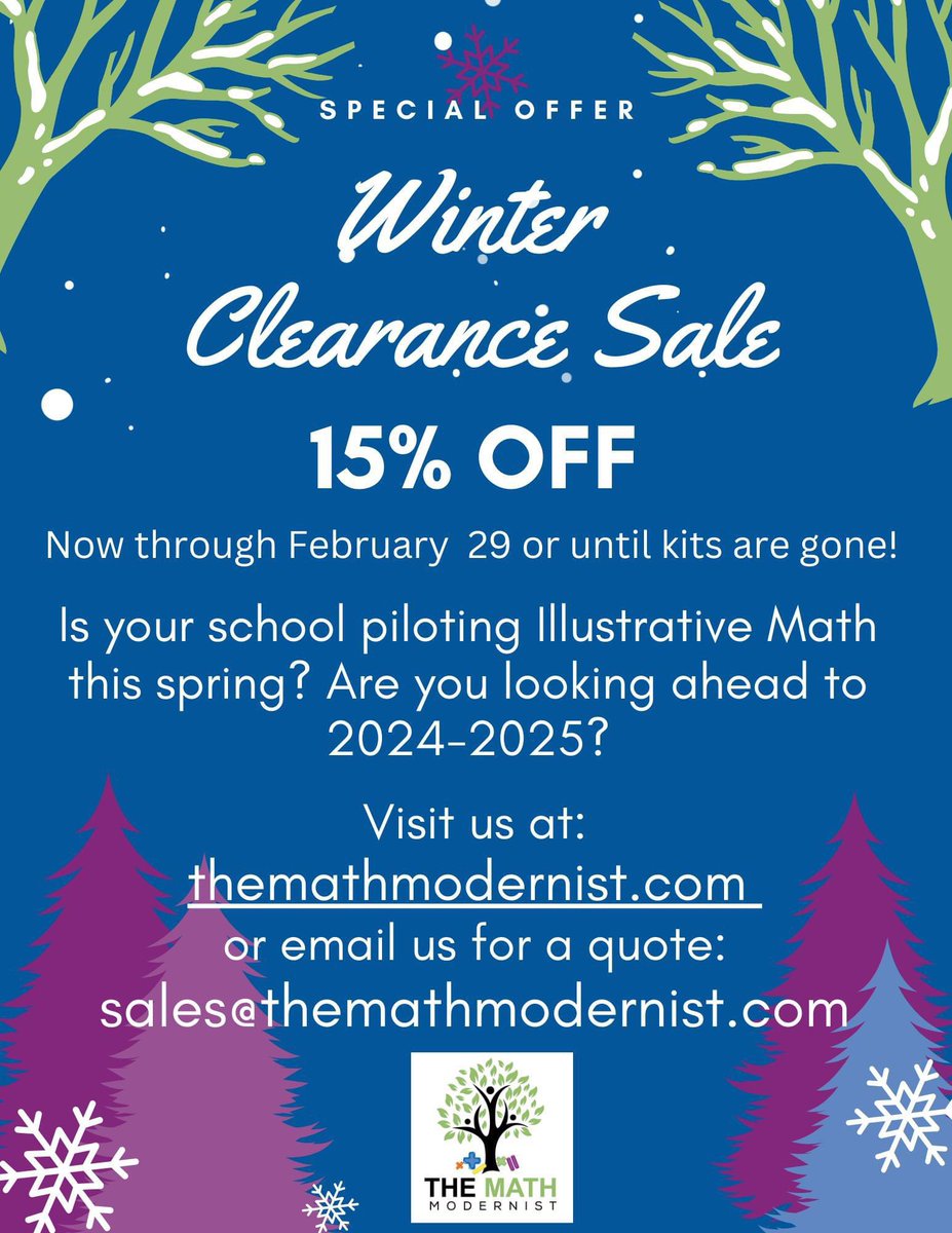 Are you piloting Illustrative Math this spring or looking ahead to 2024-2025? Our Winter Sale has begun. Let our kits save you time!  
#LearnWithIM #mtbos #teachersoftwitter #elementarymath #elementaryprincipal #elementaryteachers #iteachmath