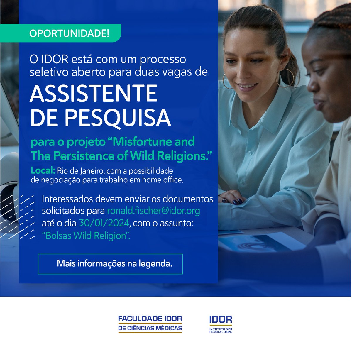 Institutodor's tweet image. Venha fazer parte do IDOR!

REQUISITOS:
• Ser graduado ou estar cursando graduação nas áreas de psicologia, antropologia, biologia e afins;
• Fluência de leitura e escrita em inglês;
• Conhecimento básico de R ou motivação para aprender.

PRINCIPAIS ATIVIDADES:
• Auxiliar o…
