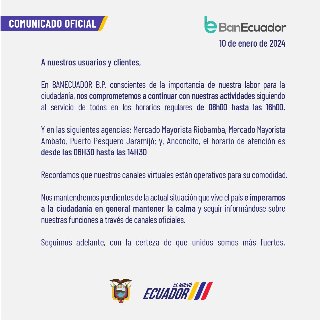 BanEcuadorBP's tweet photo. 📢 COMUNICADO OFICIAL 📢

BanEcuador comunica importante mensaje a la ciudadanía. 

Más Información Aquí👇 https://t.co/JEWM0QgfNv