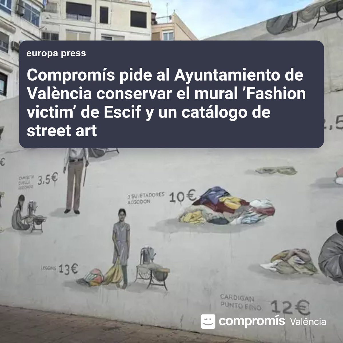 🔴 Cal actuar amb rapidesa.

‼️ L'ajuntament ha de mediar i evitar l'esborrat el mural 'Fashion victim'.

👖 Denuncia l'explotació infantil de la indústria tèxtil, és obra d'<a href="/escif_/">escif</a> i corre perill ⚠️ 

<a href="/perefuset/">Pere Fuset</a>