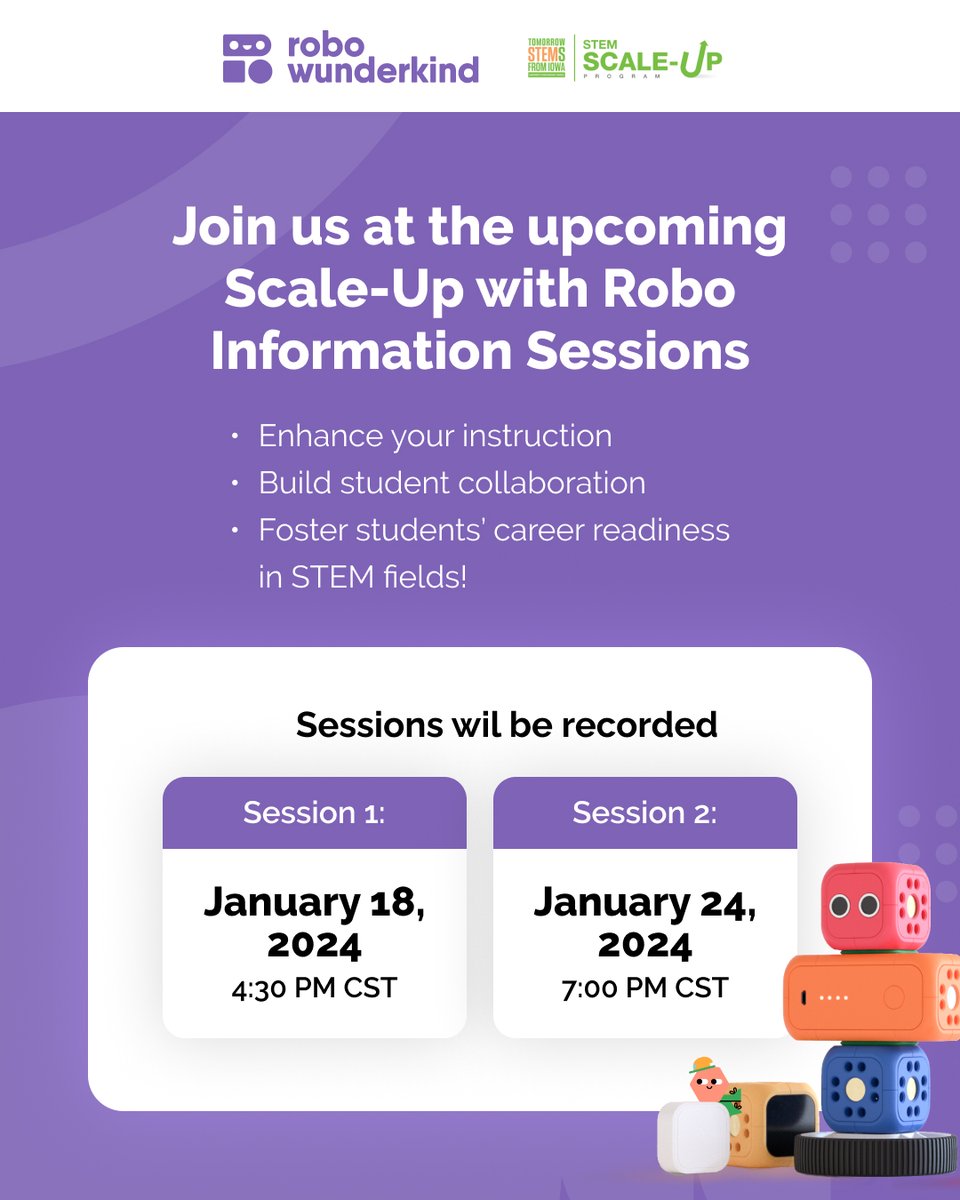 RoboWunderkind's tweet photo. Calling all Iowa K-5 educators! 🚀 Unlock the power of Robo Wunderkind with the Iowa STEM Scale-Up grant. Elevate your STEM lessons, spark creativity, and foster teamwork. Link to our webinar in comments 👇👇👇
#STEMEducation #IowaEducators #ScaleUp
#ScaleUpProgram #IowaSTEM https://t.co/yELy0VVNaY