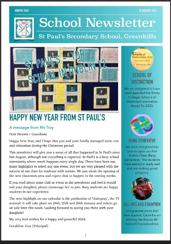 St Paul's Greenhills (@stpaulsg) on Twitter photo We hope everyone is settling back into the new school term. Catch up on all the latest news from St Paul's in our newsletter: issuu.com/stpaulsg/docs/… #schoolnews #newsletter #Greenhills #Dublin12 <a href="/lecheiletrust1/">Le Chéile Schools Trust</a> We hope everyone is settling back into the new school term. Catch up on all the latest news from St Paul's in our newsletter: issuu.com/stpaulsg/docs/… #schoolnews #newsletter #Greenhills #Dublin12 <a href="/lecheiletrust1/">Le Chéile Schools Trust</a>