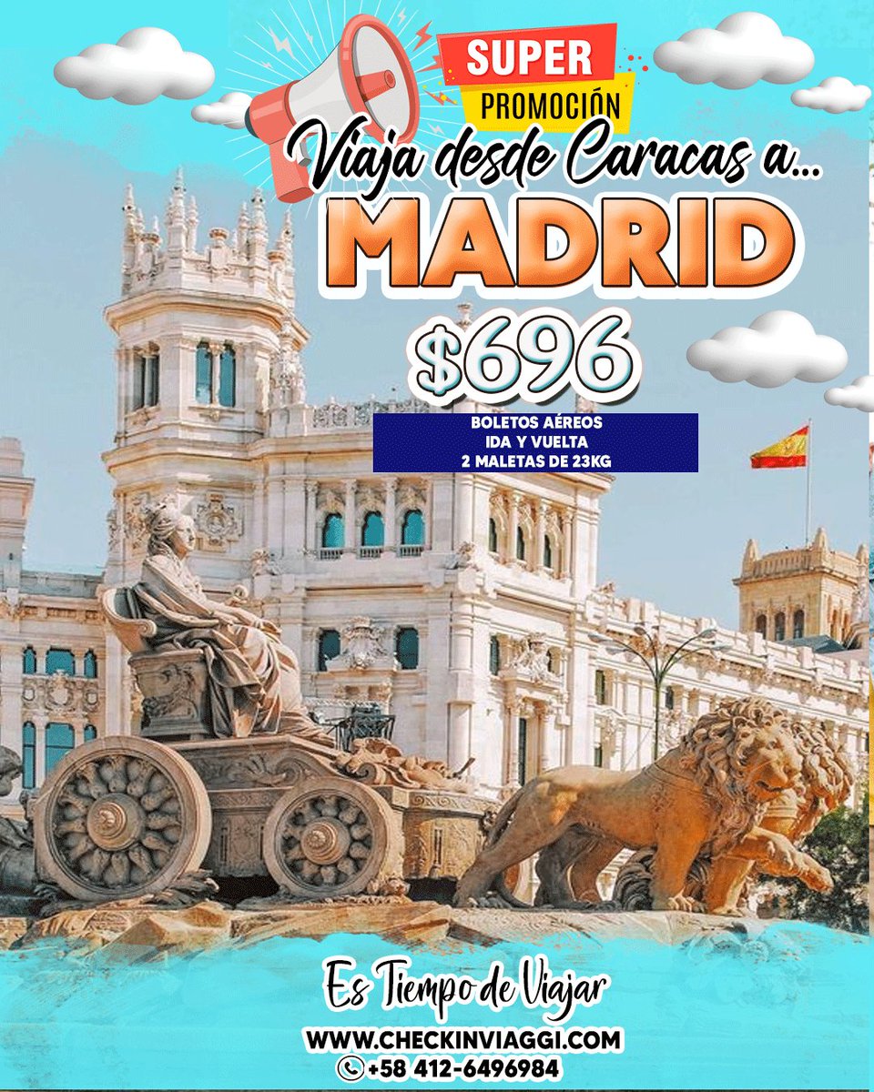 checkinviaggi's tweet photo. Promo a #Madrid desde Caracas
Boletos Aéreos
Ida y vuelta
Impuestos incluidos
2 piezas de 23kg
1 pieza de 8kg
1 Articulo personal
 No trabajábamos con retornos anulables

#Agenciadeviajes #BoletosAereos #barranquilla #MeneGrande #PasajesAereos #medellin https://t.co/TcMt8aaObN