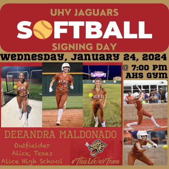Join us Wednesday, January 24th at 7:00pm in the AHS gym as DeeAndra Maldonado signs her letter of intent to play softball at the University of Houston-Victoria!! 🥎❤️ <a href="/deeandra06/">Deeandra06</a> <a href="/AliceAthletics1/">@AliceAthletics</a> <a href="/petethesportsg1/">Pete Garcia</a> <a href="/radiopeter/">PETE VASQUEZ</a> <a href="/LarissaLiska/">Larissa Liska</a>
