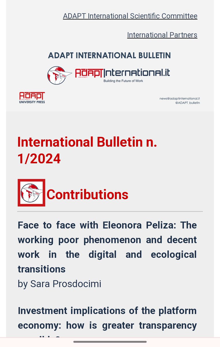 ProsdocimiSara's tweet photo. 💥Just released the very first issue of 2024 of the @ADAPT_bulletin.
🎙️It contains a really interesting interview with Prof. Peliza on the #workingpoor phenomenon and #decentwork in the #twintransitions, made during #ADAPTConference2023.
➡️Read it here: https://t.co/NBDYNMN8VP https://t.co/etiwJpLyR3
